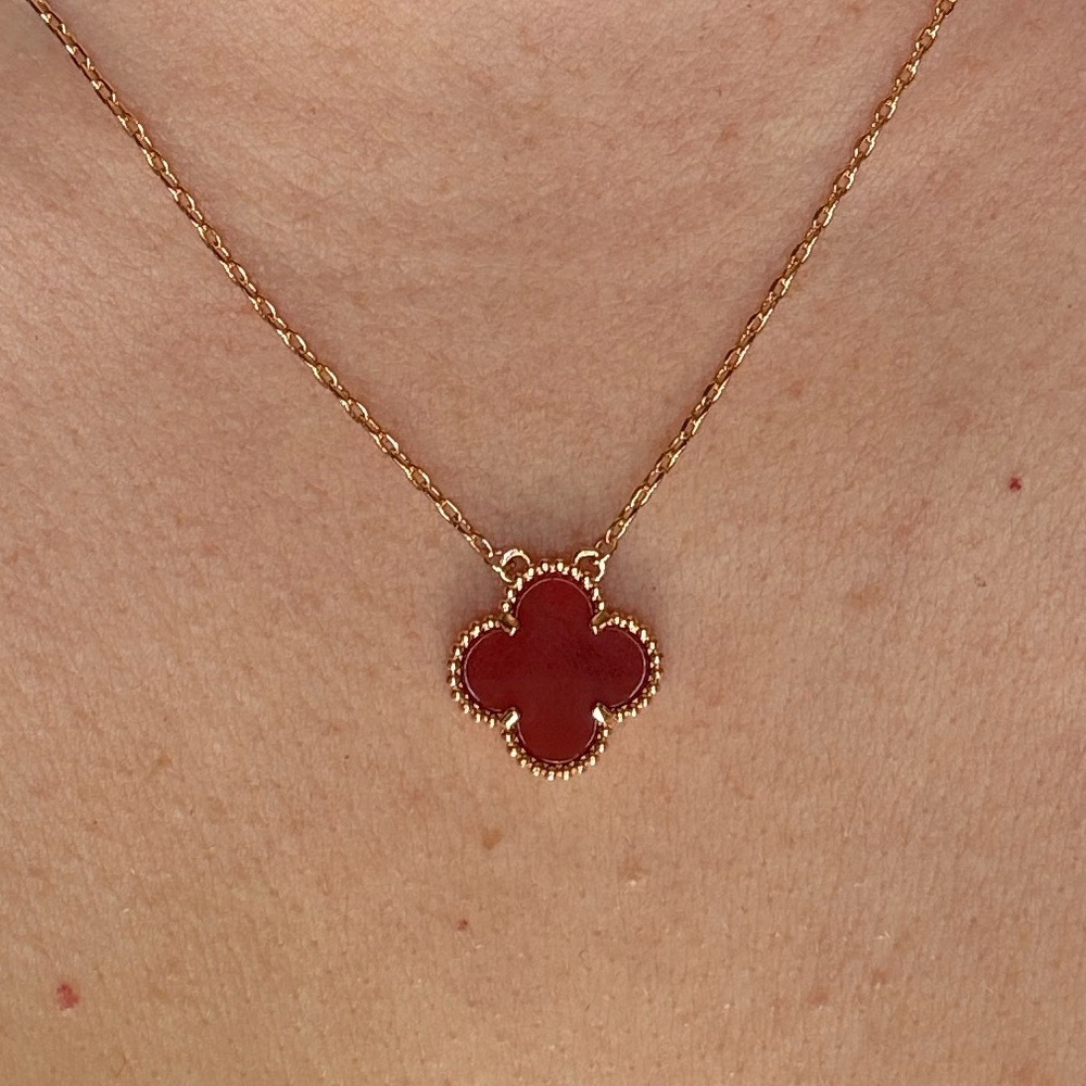 VCA Style Carnelian Clover Alhambra Rose Gold Pendant Necklace